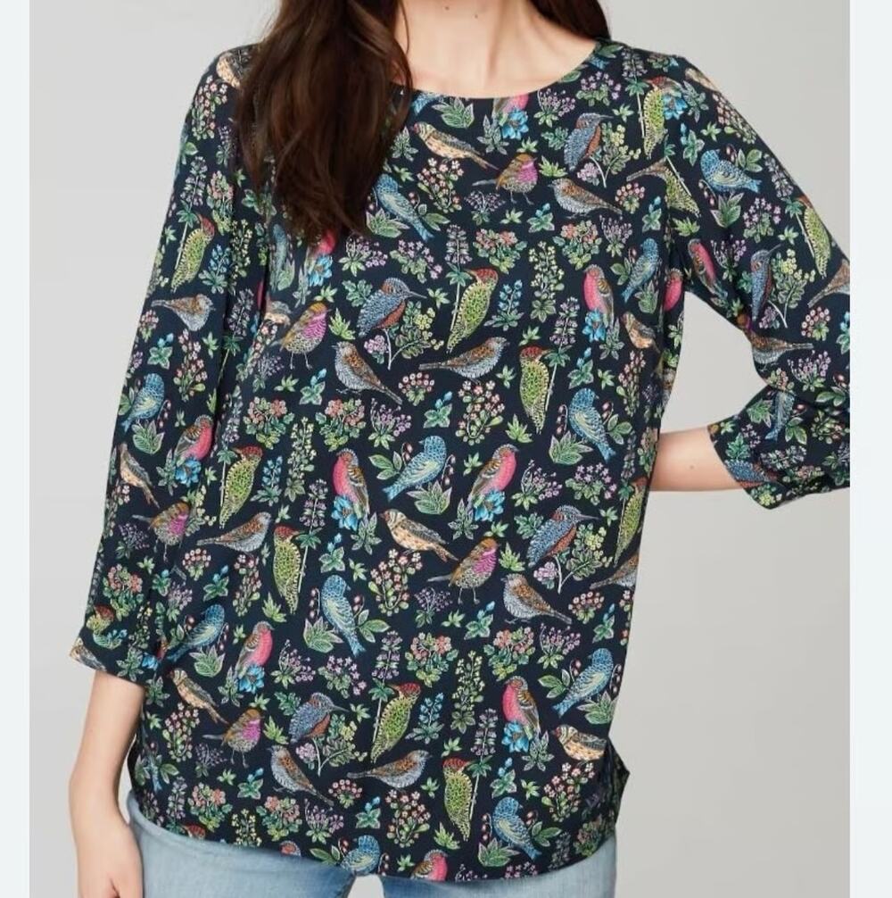 J. Jill Bird Floral Print Viscose Blouse Top, Large Whimsical Garden Black Green